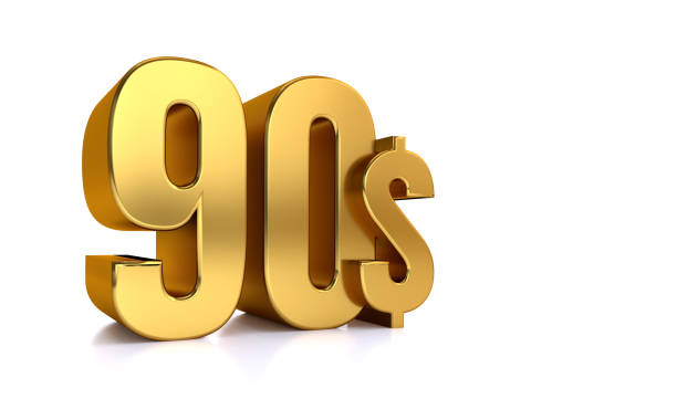 istock 90$. ninety price symbol. gold text 3d render. on white background 1210895038