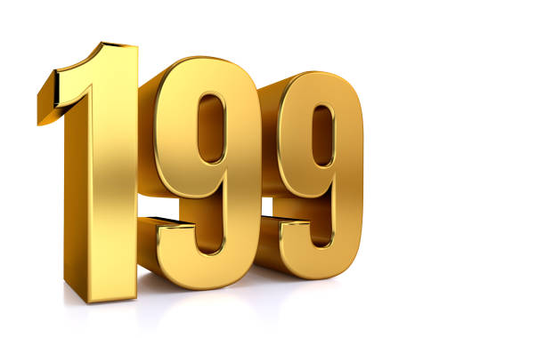 istock one hundred ninety-nine, 3d illustration golden number 199 on white background and copy space on right hand side for text 1210895043