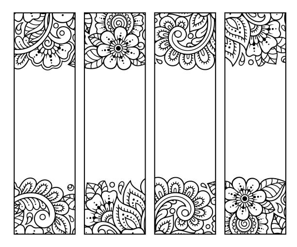 ilustraciones, imágenes clip art, dibujos animados e iconos de stock de marcador imprimible para libro - colorear. conjunto de etiquetas en blanco y negro con patrones florales, dibujar a mano en estilo mehndi. boceto de adornos para la creatividad de niños y adultos con lápices de colores. - marcapáginas