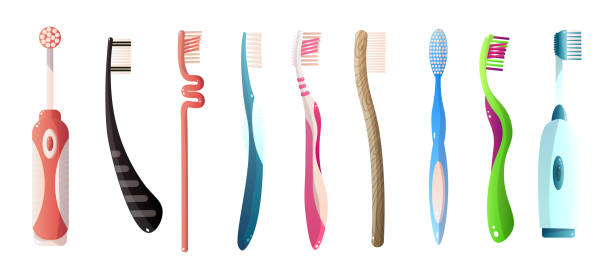 zestaw pięknych szczoteczek do zębów. zestaw różnych szczoteczek do zębów o różnych kształtach. - toothbrush stock illustrations