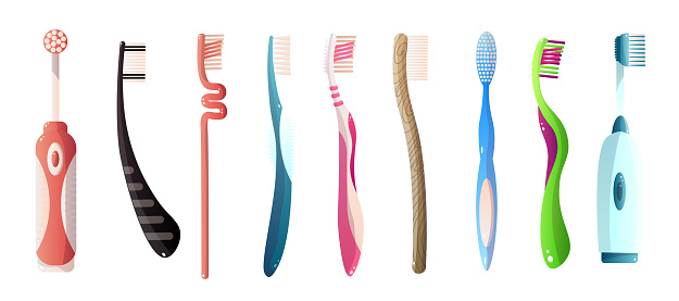 A set of beautiful toothbrushes. A set of different toothbrushes of different shapes. Isolated on white background