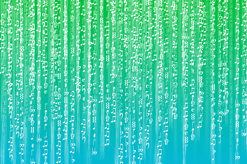 The stream of symbols of musical notes in the form of a matrix of binary computer code. Electronic, artificial music. Illustration, on a green-blue background.