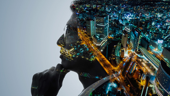 Society and engineer concept. Double exposure.