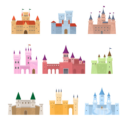 Set of colorful architectural medieval fairy tale princess, queen castle. Flat style. Vector illustration on white background