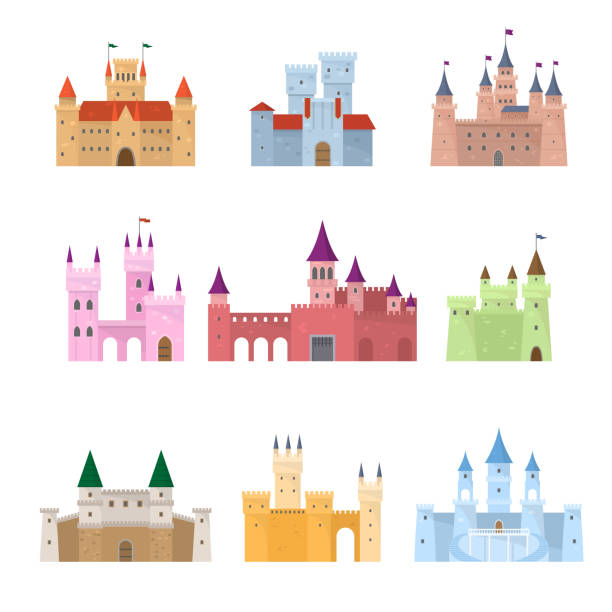 Set of colorful medieval fairy tale princess castle Set of colorful architectural medieval fairy tale princess, queen castle. Flat style. Vector illustration on white background moated castle stock illustrations