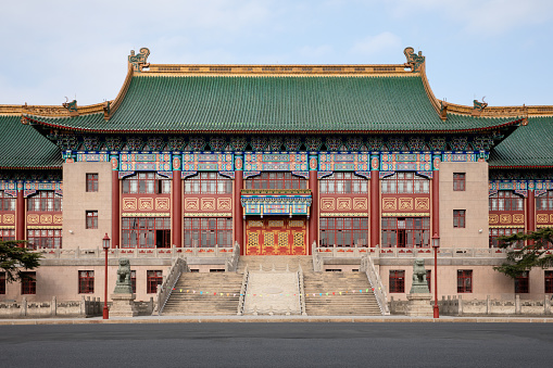 Facade of historical Green Tile or Lüwa Building, only one in Shanghai with palace-like and neoclassical architecture style built in 1933, in Shanghai University of Sport, Yangpu, Shanghai, China.