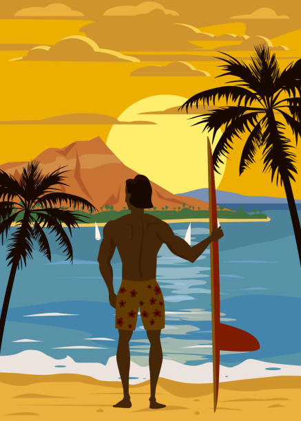 illustrations, cliparts, dessins animés et icônes de surfer restant avec la planche de surf sur la vue arrière de plage tropicale. hawaii surf palms thème de l’océan rétro vintage. illustration de vecteur bannière isolée d’affiche de modèle - enfants derrière voiture vacance