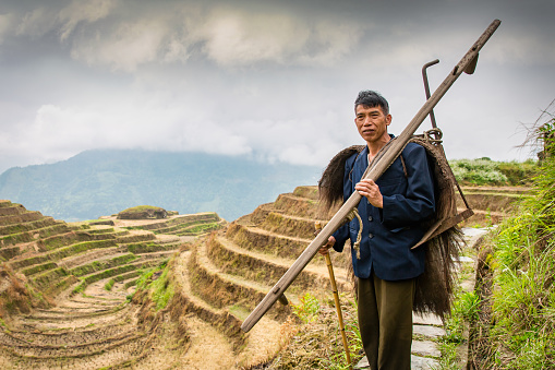 Rural Chinese Longsheng Rice Terraces Farming Worker China