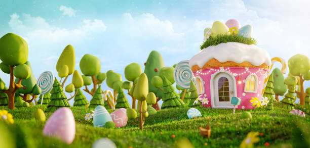 unusual colorful easter 3d illustration - miracle food imagens e fotografias de stock