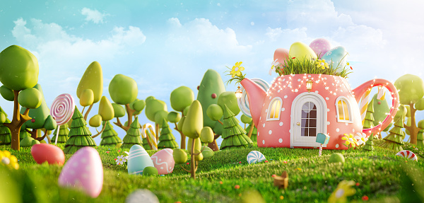 Amazing fairy house decorated at Easter in shape of teapot on the meadow in spring sunny day. Unusual Easter 3d illustration postcard.
