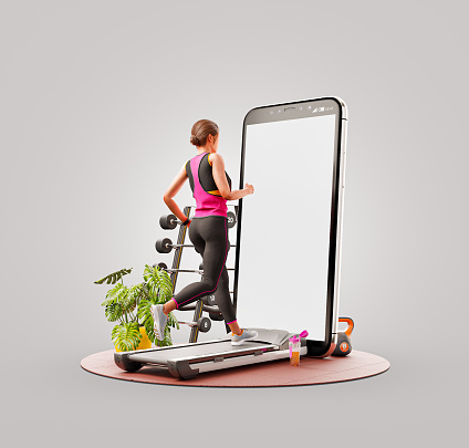 Unusual 3d illustration of a young woman in sportswear running on a treadmill in front of smartphone and using smart phone for exercises. Smartphone sports and gum apps concept.