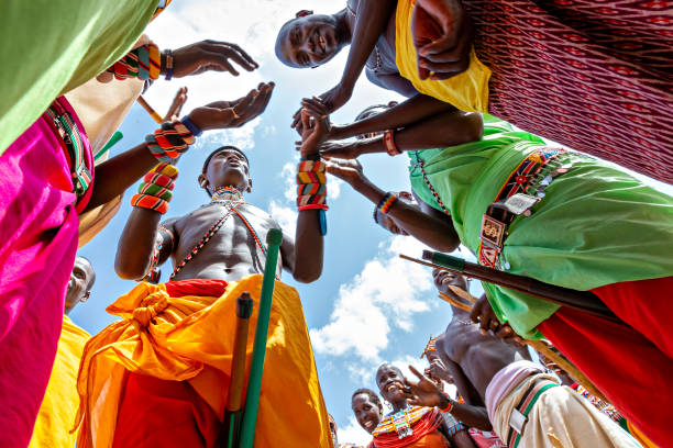 Samburu tribal people, Samburu, Kenya Samburu, Kenya - June 25, 2019: Samburu people in traditional dresses perform local dance in Samburu, Kenya kenyan culture stock pictures, royalty-free photos & images