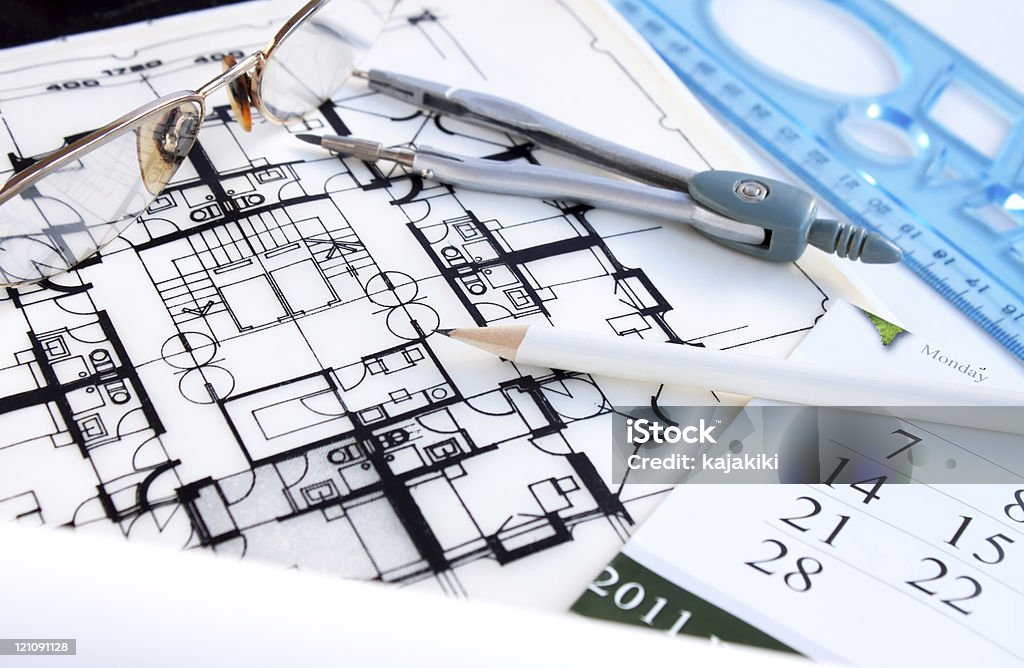 blueprints & herramientas de trabajo - Foto de stock de Arquitectura libre de derechos