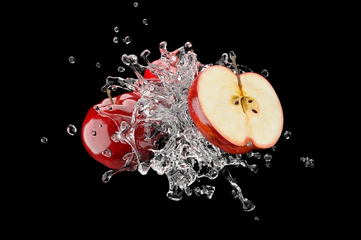 Explosion water with Red apple fruit on black background. 3D Render.