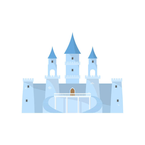 ilustraciones, imágenes clip art, dibujos animados e iconos de stock de castillo de hielo de hadas azul para la hermosa princesa rey - castle fairy tale palace forest