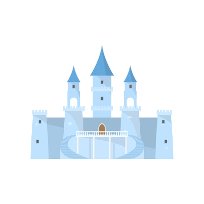 Blue fairy ice medieval castle for beautiful young king princess . Flat style. Vector illustration on white background