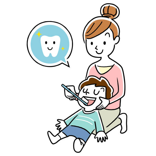 Toothpaste for children, mom, finish brushing Toothpaste for children, mom, finish brushing brushing teeth stock illustrations