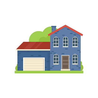 Blue paint brick house with garage in village luxury cold region . Flat style. Vector illustration on white background