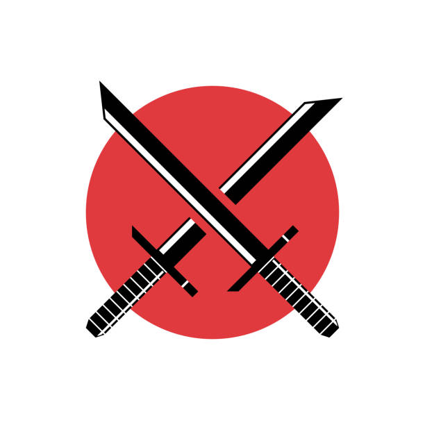 warrior katana vector illustration on japan flag background Ninja warrior katana vector illustration on japan flag background sable stock illustrations
