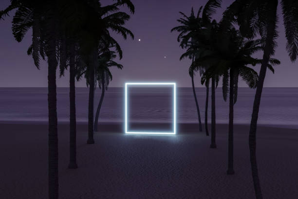 istock 3d rendering of lighten square shape on beach environment and palm avenue 1210917593