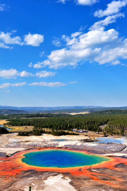 Grand prismatic spring at sunny blue sky, , Yellowstone National Park, USA.