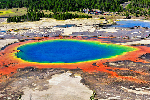 Close-up of grand prismatic spring at sunny blue sky, , Yellowstone National Park, USA.
