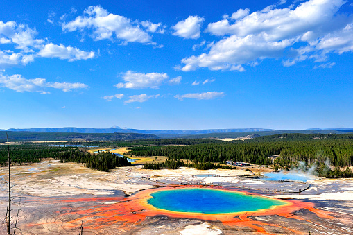 Grand prismatic spring at sunny blue sky, , Yellowstone National Park, USA.