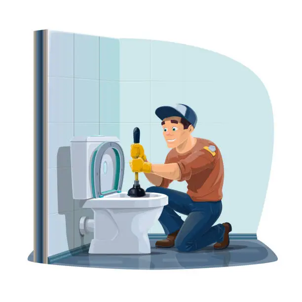 Vector illustration of Plumber profession, man cleaning toilet