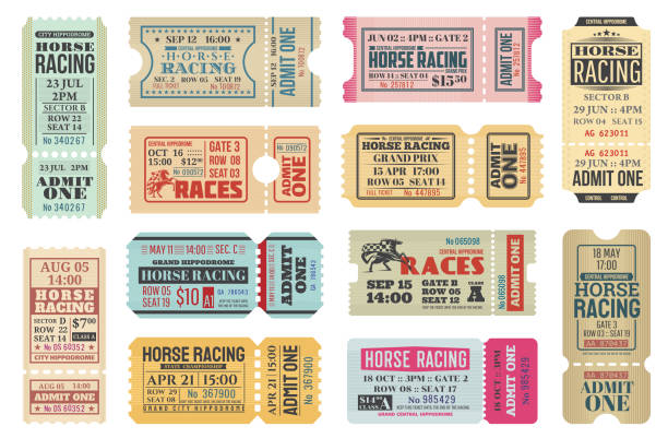 Horse racing sport tickets, equestrian competition Horse racing ticket vector templates of equestrian sport competition. Hippodrome event admit one cards with race horse animals, jockey riders and racing flags, old paper tickets and invitations design norfolk stock illustrations