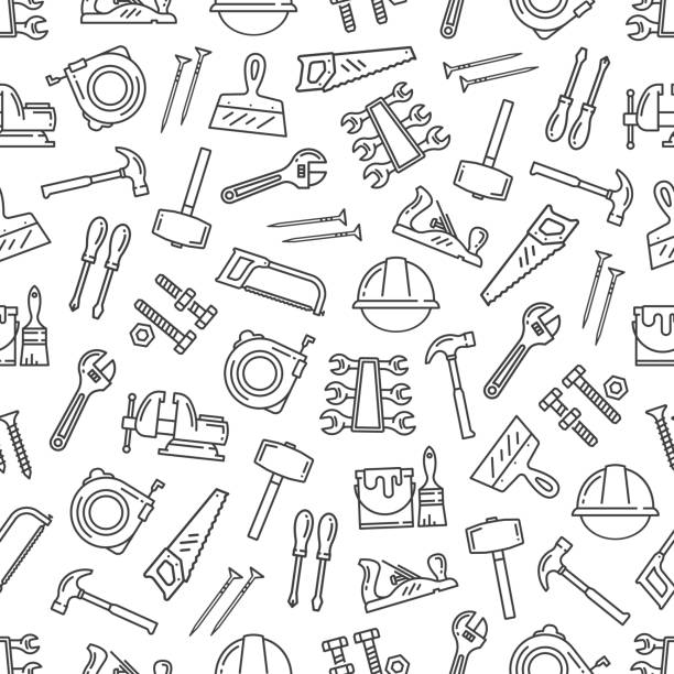 Construction work tools seamless pattern Tool pattern, construction hardware and repair instruments. Vector seamless background of renovation and building tools, hammer, paintbrush, ruler and carpentry saw, drill and screwdriver pattern mechanic toolbox stock illustrations