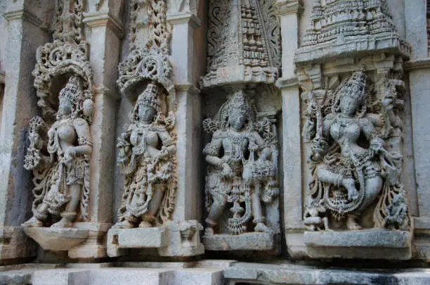 Photo of Carved idols on the outer wall of the Paathaaleshwara Temple, Belur, Karnataka, India