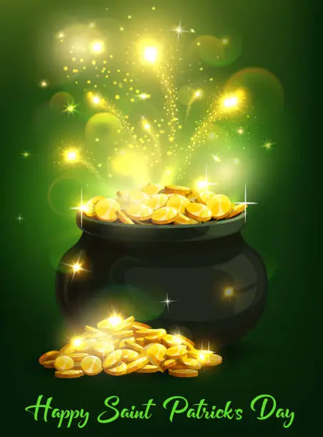 Vector illustration of St Patricks Day Irish leprechaun pot of gold