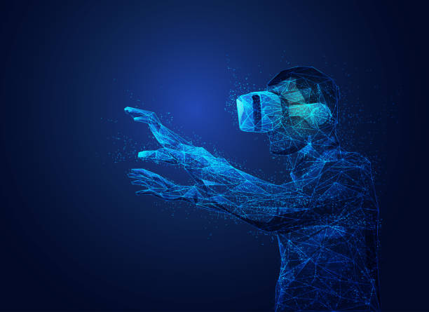 vrMan virtual reality technology concept, man wearing VR glasses presented in polygonal style virtual reality point of view stock illustrations