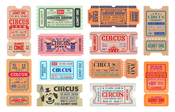 illustrazioni stock, clip art, cartoni animati e icone di tendenza di biglietti per spettacoli di divertimento di carnevale circense - ticket stub circus ticket counter label