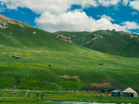 Tien Shan, Kyrgyzstan 25th June 2019: Also known as Mountains of Heaven or Heavenly Mountains, this mountain range stretches from east to west though China, Kyrgyzstan, Kazakhstan and Uzbekistan.