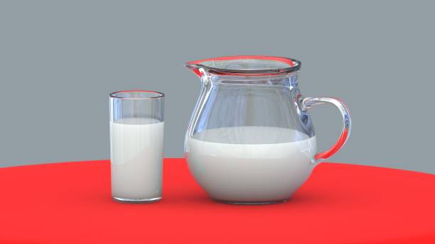 istock Fresh milk in glass jug and glass on red table and grey background. 3D-rendering. 1210929266