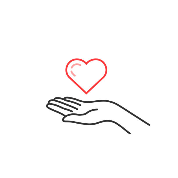 red thin line heart on woman hand red thin line heart on woman hand. contour flat style trend graphic art design isolated on white background. concept of nonprofit organization symbol or man stroke arm like marriage proposal charitable donation illustrations stock illustrations