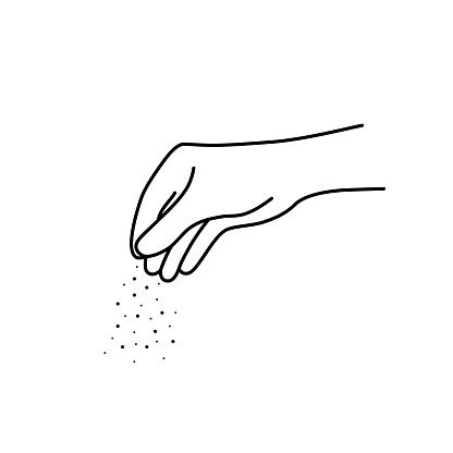 thin line chef woman hand with salt. flat linear drawing style trend modern black graphic art design isolated on white background. concept of one person arm sprinkled spices or feeding fish