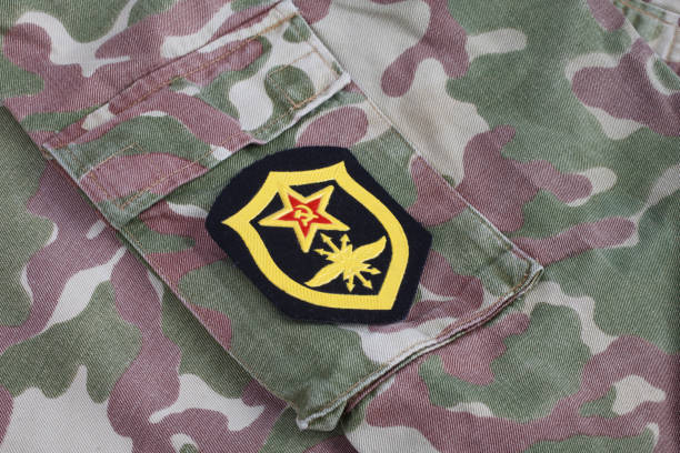 istock Soviet Army Signal Troops shoulder patch on camouflage uniform background 1210934142