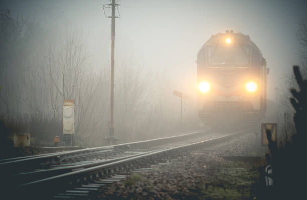 Cargo train emerging from the mist stock photo