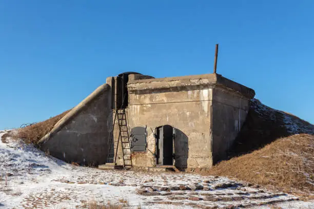 Battle casemate of the coastal fort Demidov, Kronshtadt, Russia. Reinforced concrete casemated mine station with observation point