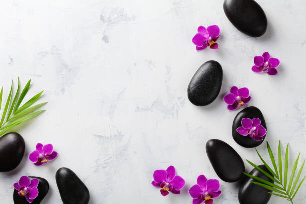 istock Spa composition with flowers, green leaves and massage stone on white background top view. Beauty treatment and relaxation concept. Flat lay. 1210940832