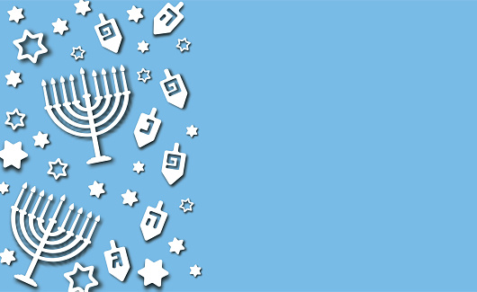 Hanukkah blue background with holiday candles, dreidels, Hebrew letters and David stars. Modern paper cut design for Jewish Festival of light. Vector illustration with place for your text