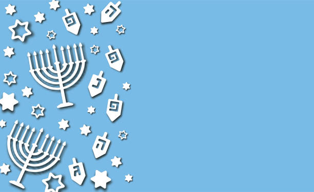 Blue Hanukkah background Hanukkah blue background with holiday candles, dreidels, Hebrew letters and David stars. Modern paper cut design for Jewish Festival of light. Vector illustration with place for your text hanukkah candles stock illustrations