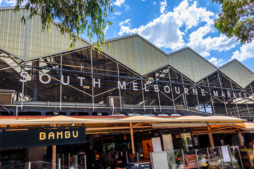 South Melbourne, Victoria, Australia, February 23rd, 2020: The main sign of the 'South Melbourne Market' on the side of the multifaceted roof