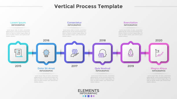 Modern Infographic Template Horizontal timeline with 6 square paper white elements, thin line icons and year indication. Visualization of annual progress of company. Infographic design template. Vector illustration for brochure. blank timeline infographic stock illustrations