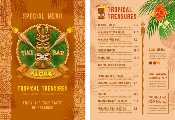 Template For Menu Of Tiki Bar Or Club Template for menu of Tiki bar or club. Cover and back side. Drinks and food. Traditional Tiki mask, torches and tropical plants and flowers. Vector illustration. chef borders stock illustrations