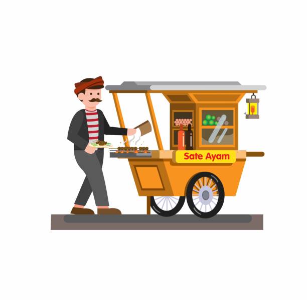 ilustrações, clipart, desenhos animados e ícones de homem vendendo satay frango indonésio comida tradicional em cart cartoon flat ilustração vetor isolado em fundo branco - etnia indonésia