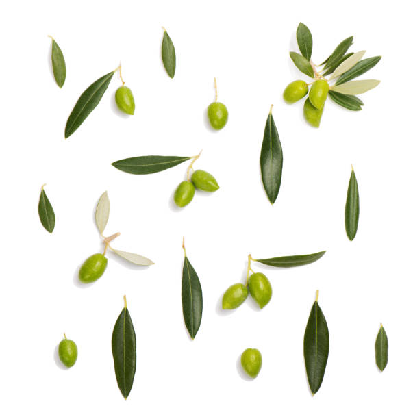 istock Green olive and leaves, above view. 1210952014