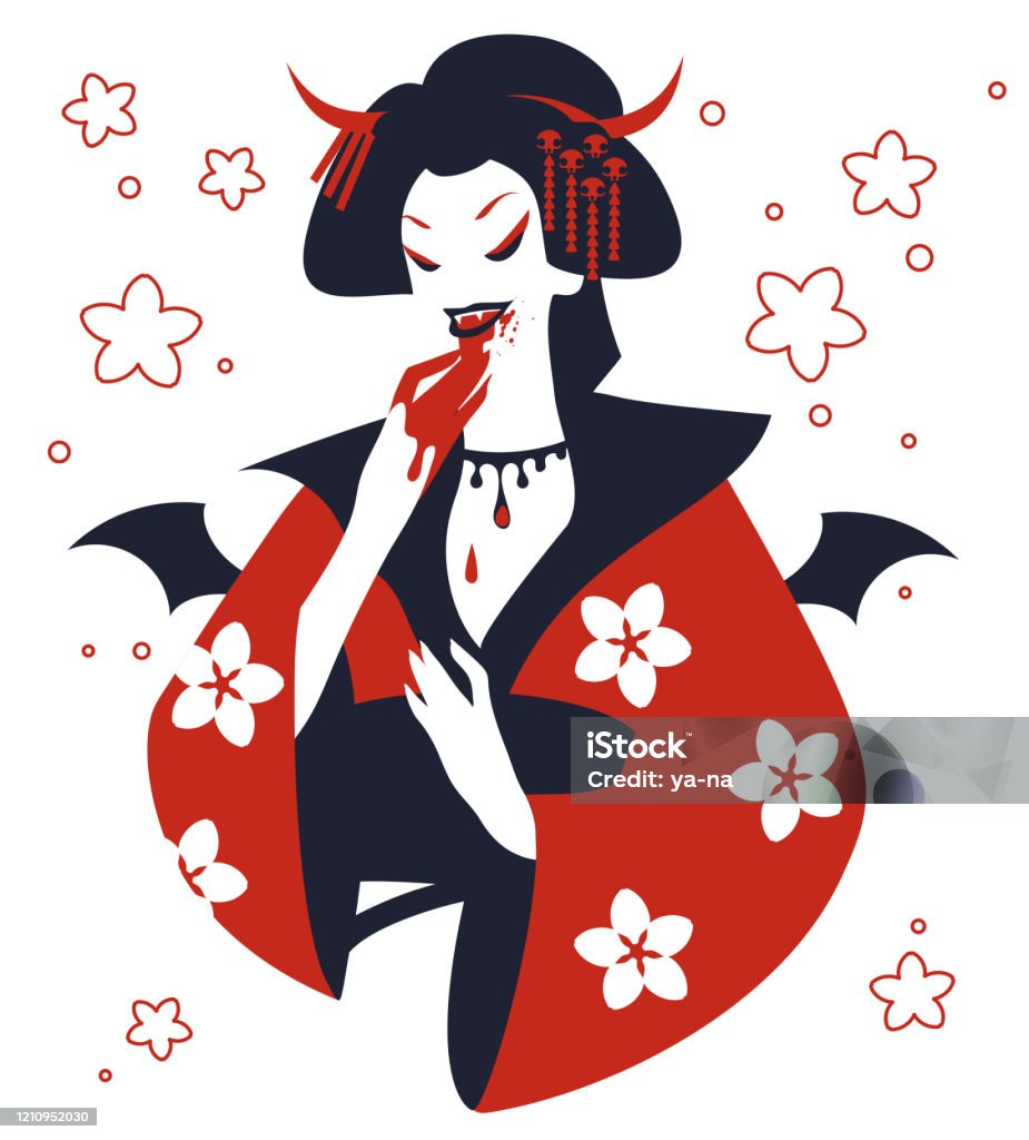 Geisha Ma Cà Rồng Trong Bộ Kimono Đỏ Của Nhật Bản Với Cánh Dơi ...